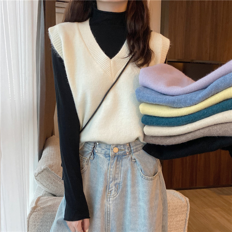 2023 otoño e invierno nuevo color sólido con cuello en V chaleco sin mangas chaleco abrigo suéter de las mujeres Chaleco de punto superior ins comercio exterior