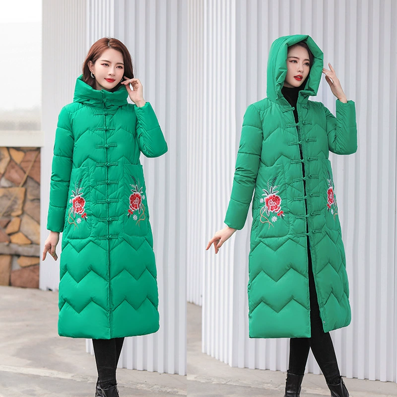 Новая зимняя пуховая хлопковая одежда с вышивкой в китайском стиле, Женская Стеганая куртка выше колена средней длины с капюшоном и хлопковой подкладкой для среднего и пожилого возраста