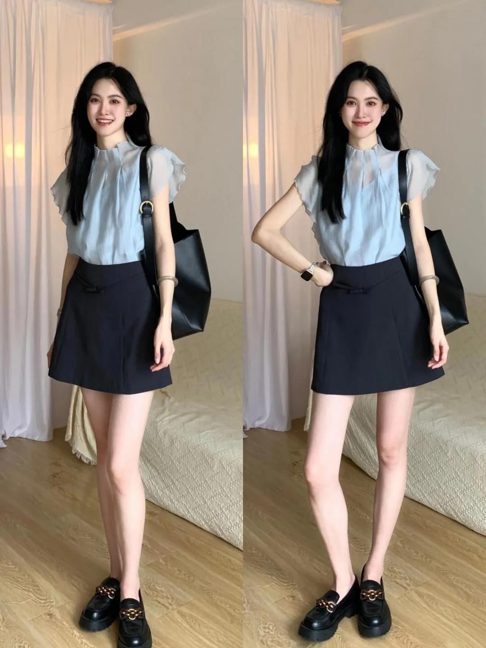 Áo voan nữ tay bay xếp diềm cổ điển Pháp — Váy ngắn nơ đen chi tiết 10