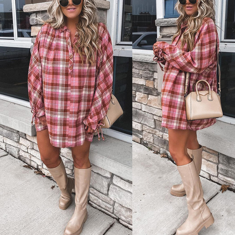 Plaid Print Long-Sleeved Lapel Loose Casual Shirt Dress NSKX109216