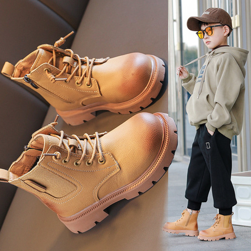 Boys' boots autumn and winter new style girls' soft-soled Martin boots for middle-aged and older children's student short boots baby plus velvet warm leather boots