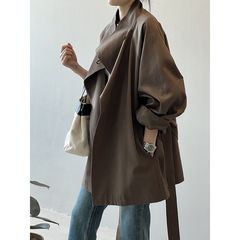 卡其色立领风衣女英伦风春秋休闲茧型外套小个子收腰系带斗篷大衣
