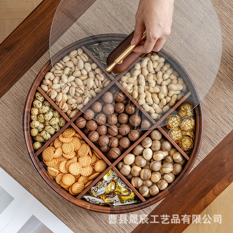 Caja de frutas de madera con nueve compartimentos y tapa de acrílico, caja para refrigerios, bandeja de madera maciza dividida para dulces y frutos secos, estilo ligero y lujoso.