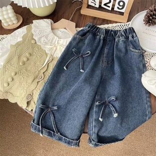 2025 New Spring & Fall Girls Baby Loose Version Kidsren's Korean Bow Denim Straight Pants Wide Leg Pants