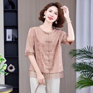 Mom's New Chinese Style Three-Quarter Sleeve Shirt 2025 Summer New Chinese Style Shirt Middle-Aged and Elderly Style Belly-Covering Top