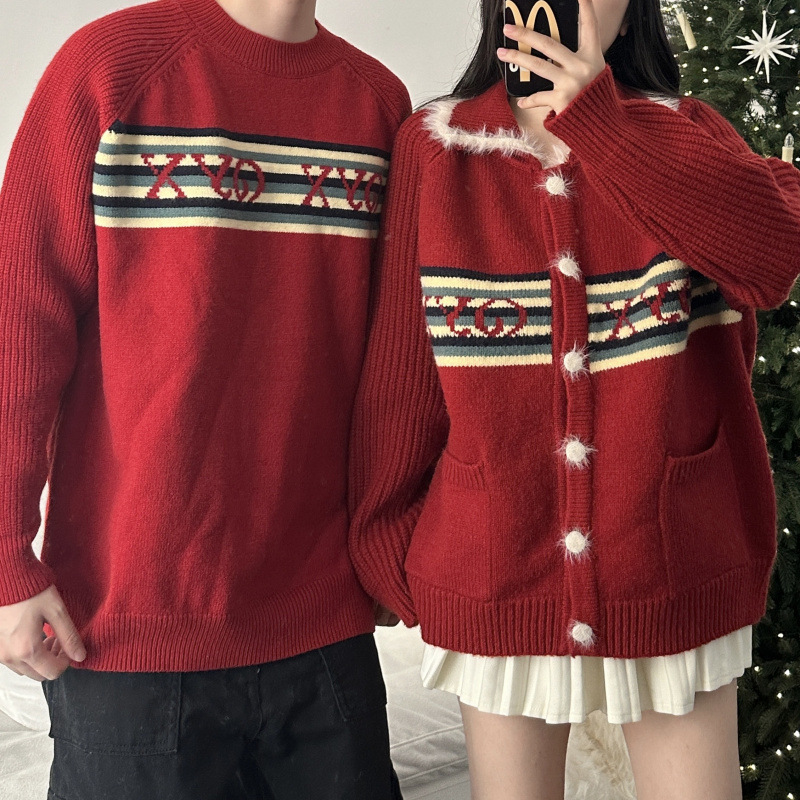 남성과 여성을위한 2024 가을과 겨울 연인 복장은 남성과 여성을위한 크리스마스 빨간색 새해 전야 스웨터 스웨터를 두껍게 만들었습니다.