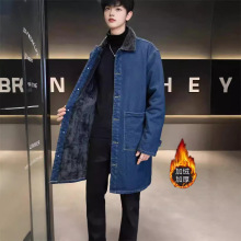 加绒羊羔绒长款牛仔衣 冬季男士加厚休闲风衣 韩版大码外套男大衣