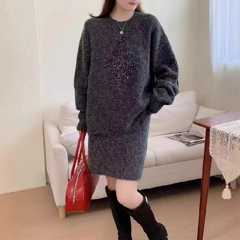 跨境早秋新款菱格圆领时尚套装女2025简约通勤短裙针织两件套毛衣|undefined
