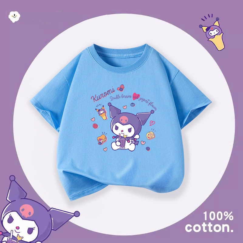 Детская футболка (коллекция Kuromi) хлопковая с коротким рукавом, принты в западном стиле, размеры 100–160 см