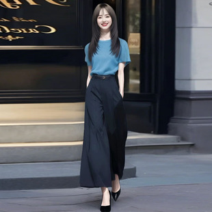 Fashion Suit for Women 2025 Summer New Style Slimming Ice Silk Short-Sleeved High-Waisted Wide-Leg Pants Elegant Two-Piece Set Trendy