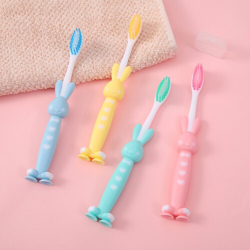 Cartoon children's toothbrush 4 pack bunny silicone brush handle baby 3-8 years old tooth protection antibacterial fine bristle soft brush wholesale