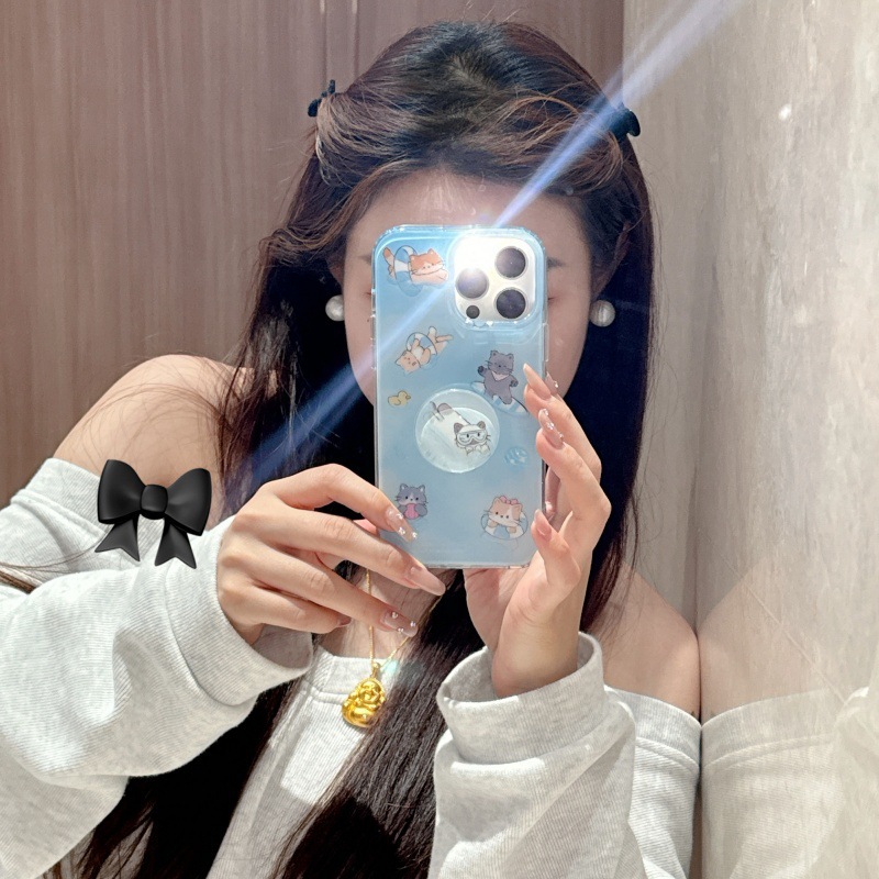 Verano pequeño gato nadador fresco para Apple 16ProMax funda para teléfono móvil 15Pro simple 14/13 nuevo 15