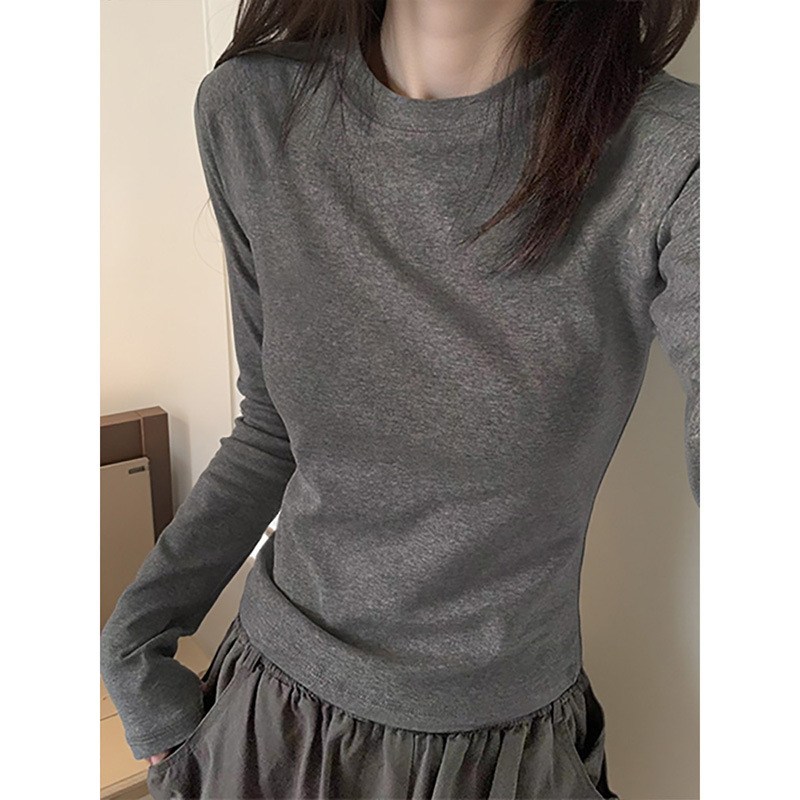 深灰色早秋内搭打底衫长袖T恤女秋季可外穿修身显瘦正肩圆领上衣|undefined