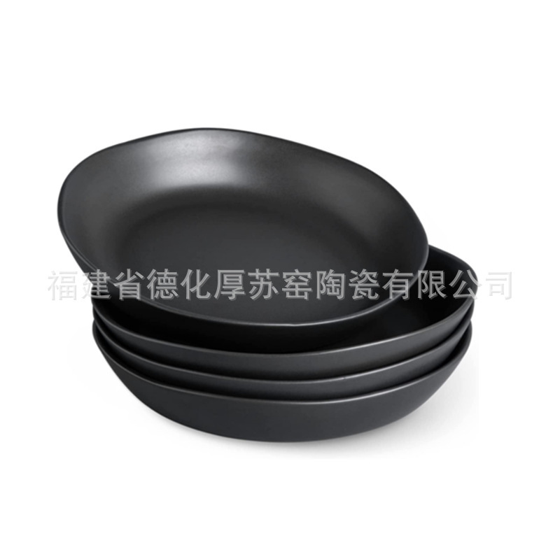 Customized Matte Black 38 oz Wide Rim Dinner Bowl Ceramic Wavy Edge Pasta Salad Bowl Export
