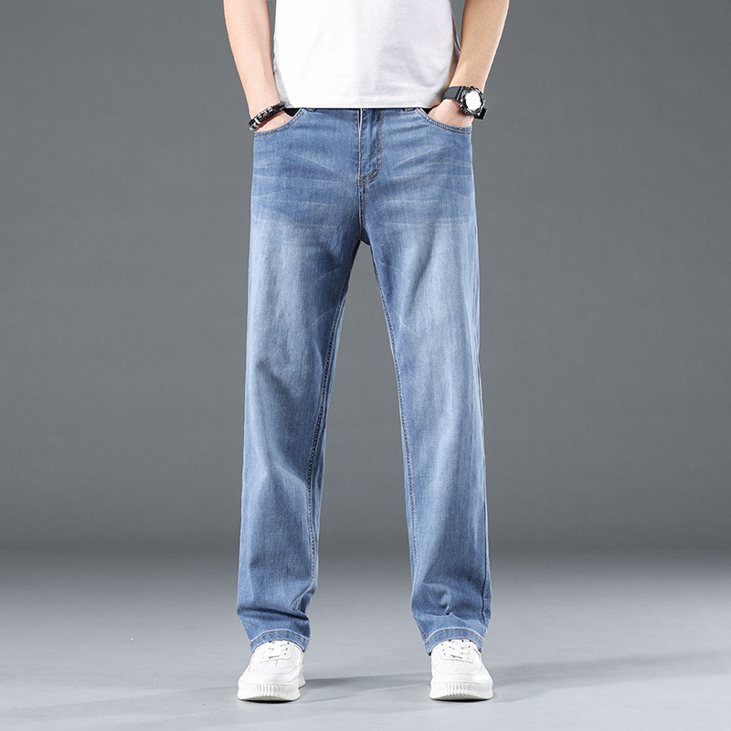 Trendy Men's Jeans Stretch Cotton Straight Loose Casual Ice Silk Commuter Pants