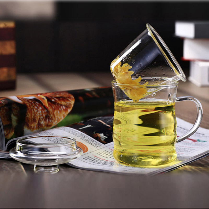 Vidrio de borosilicato taza de bambú de tres piezas de vidrio transparente con filtro de tapa de té perfumado taza de té taza de jugo