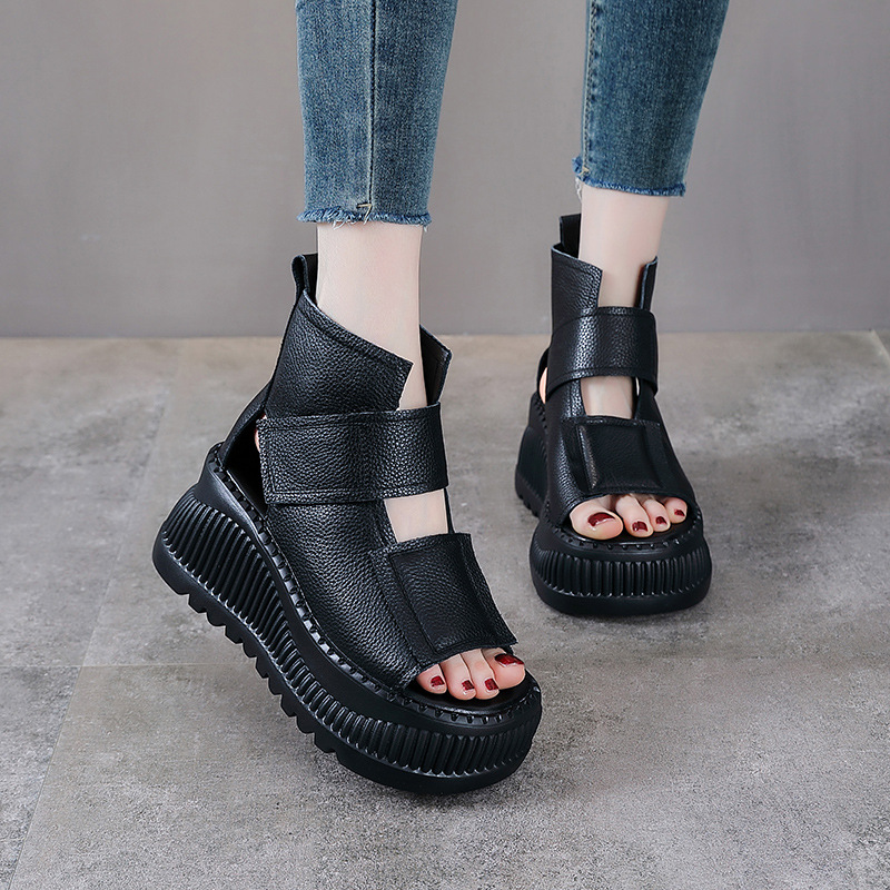 Dép sandal nữ quai chữ V da bò thật đế dày — Màu nâu