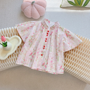 Girls' Cotton Floral Shirt 2024 Summer New Children's Short-sleeved Fresh Fashionable Summer Doll Shirt Trendy