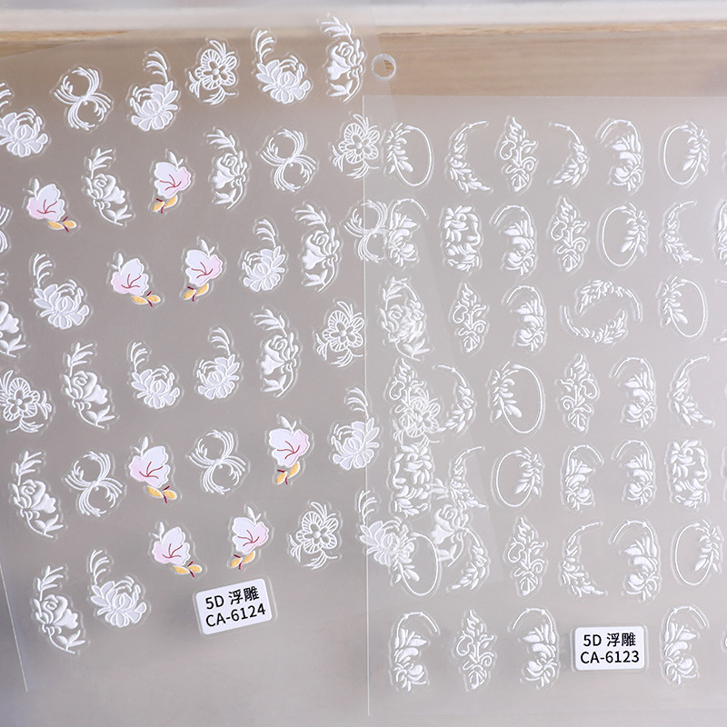 5D three-dimensional white embossed Camellia nail sticker blooming flower butterfly line Garland nail sticker 5D three-dimensional white embossed Camellia nail sticker blooming flower butterfly line Garland nail sticker