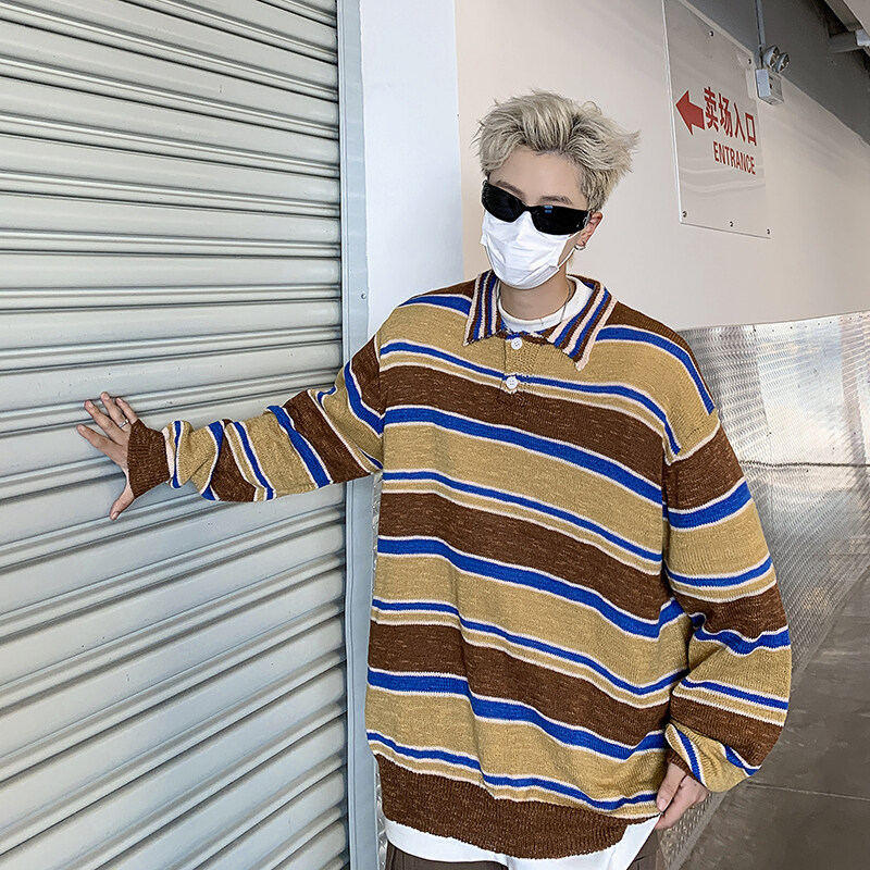 American Style Retro Street POLO Collar Color Striped Sweater Pullover Autumn and Winter Loose Lapel Sweater Trendy