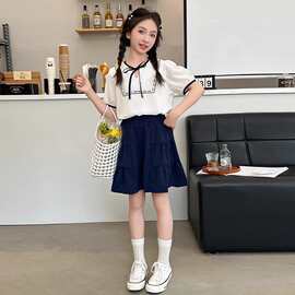 女童宝宝学院风薄款套装中大童夏季新款洋气系带娃娃衫短裤两件套
