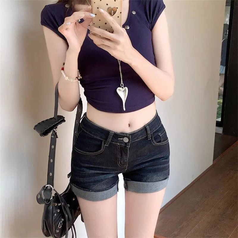American Sexy Denim Ultra-Short Shorts Summer Low-Waist Hot Girl Slimming Versatile Dark Blue Elastic Design Hot Pants American Sexy Denim Ultra-Short Shorts Summer Low-Waist Hot Girl Slimming Versatile Dark Blue Elastic Design Hot Pants