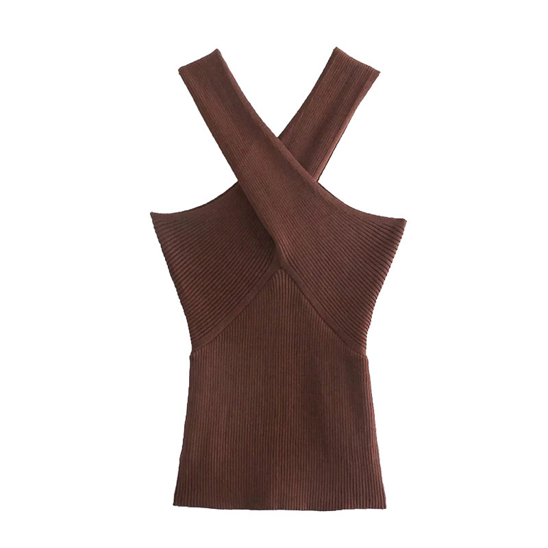 2023 New Fashion Sexy Cross Strap Knitted Shoulder Waistcoat Vintage Striped Slim Thin Shoulder Strap Top