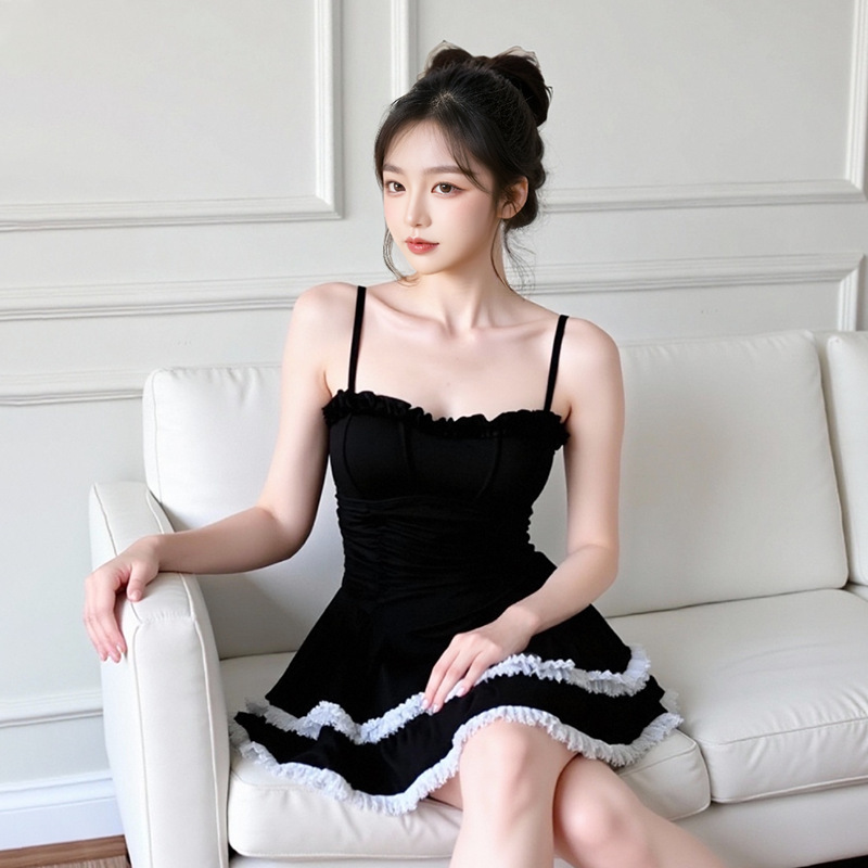 2025新款连体泳衣女 纯欲风花边裙式 吊带交叉美背显瘦温泉泳装批|undefined