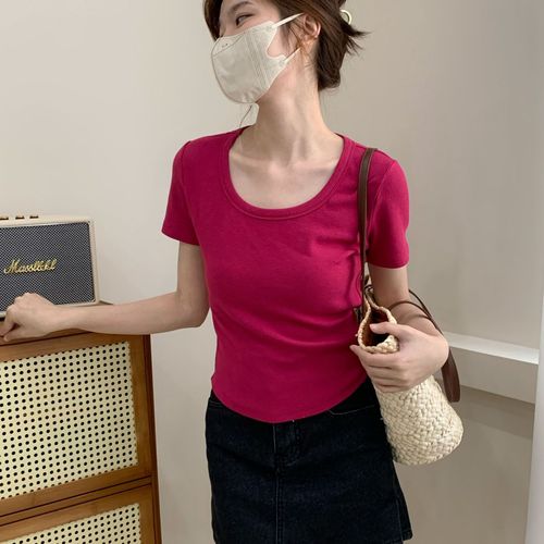 260g thread cotton summer basic versatile plus-size short-sleeved T-shirt with half-knuckle curved hem for women