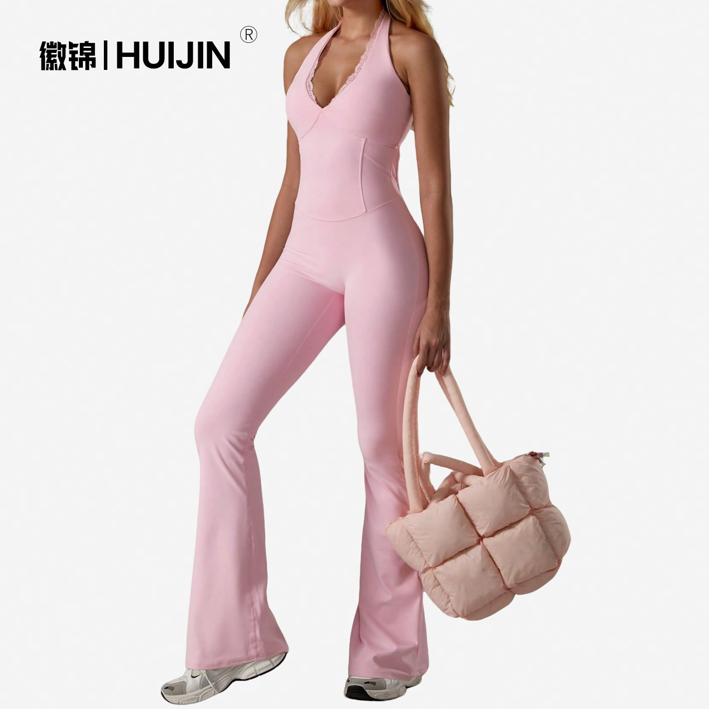 Xiyin's Popular V-Neck Lace One-Piece Yoga Suit with Beautiful Back, Tight-Fitting, Quick-Drying, Sports Fitness Micro-Flared Long Pants Jumpsuit