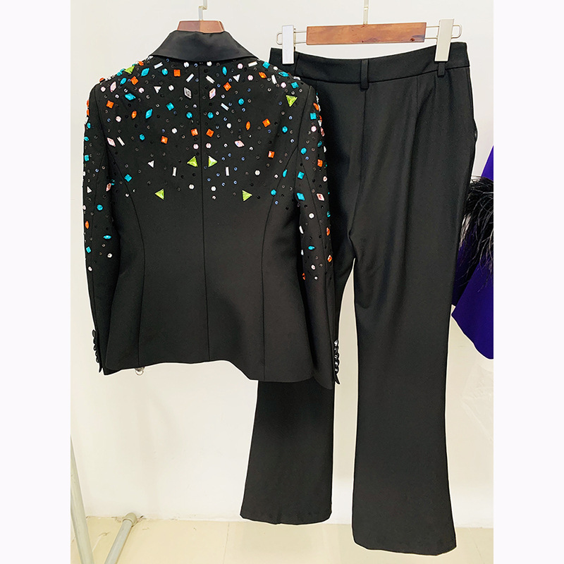 GraceChic In Stock 2025 European American Fashion New Heavy Beaded Colorful Rhinestone Slim Fit Blazer And Flared Pants Two-Piece_voghion.com