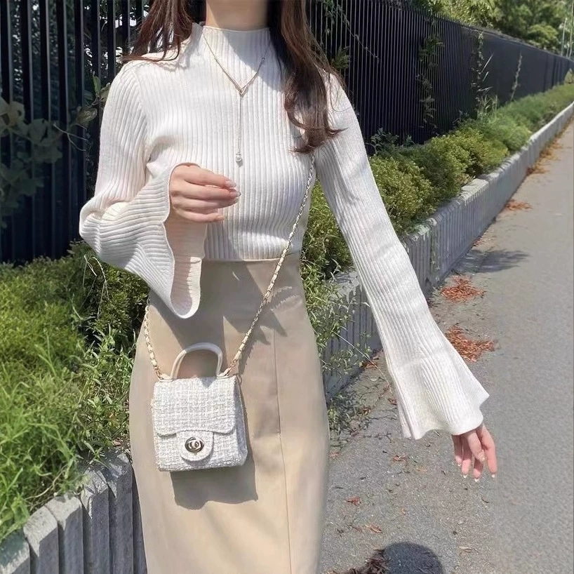 Осенний и зимний новый японский и корейский темперамент дикий повседневный комфорт ретро высокий воротник леди с длинными рукавами трикотаж