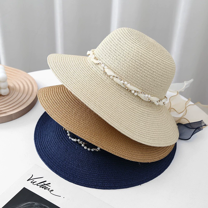 Летняя женская пляжная соломенная шляпа корейская версия кружевной ленты солнцезащитный карниз шапка дикий модный уличный шапка для отдыха