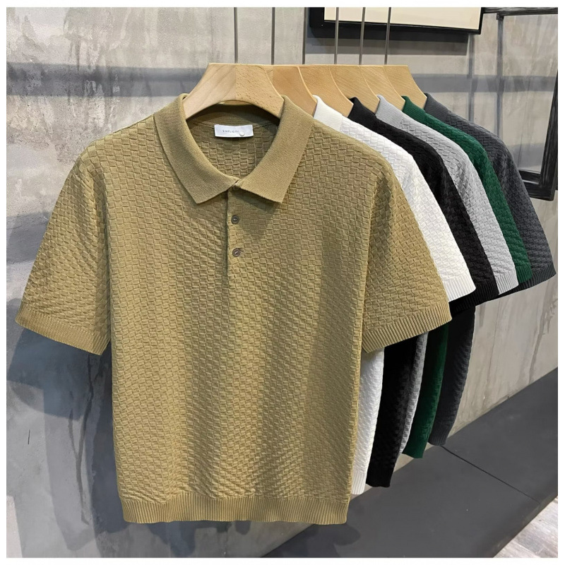 Comes with a Light Luxury Plaid Mercerized Knitted Lapel Polo Shirt for Men, Summer Fashionable Casual Short-Sleeved Top