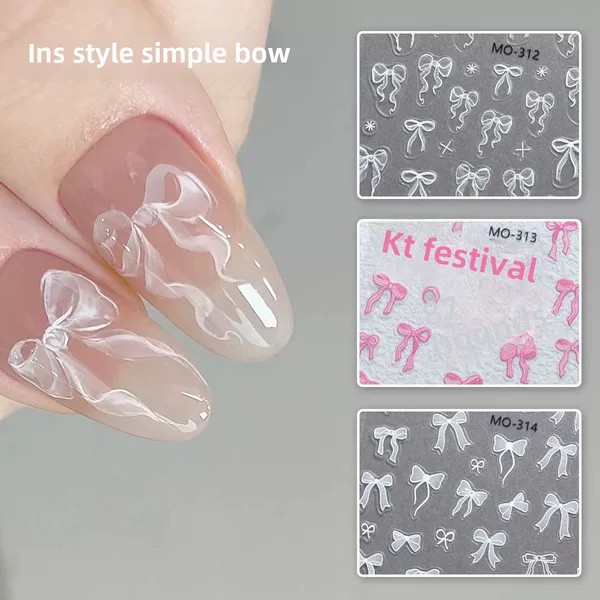 Embossed New Pink White Cute Bow Nail Art Sticker Simple Girl's Heart Sweet Bow Nail Sticker