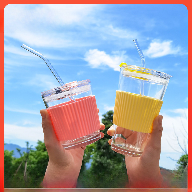 Coffee Milk Tea Cup Couple Aesthetic Glass Cup Straw With Lid Cup Breakfast Set Personalized LOGO Wholesale