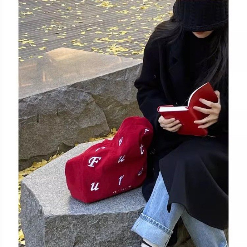 여성 레드 코듀로이 자수 숄더백 대용량 XL 토트백 지퍼형 레저 여행 가방