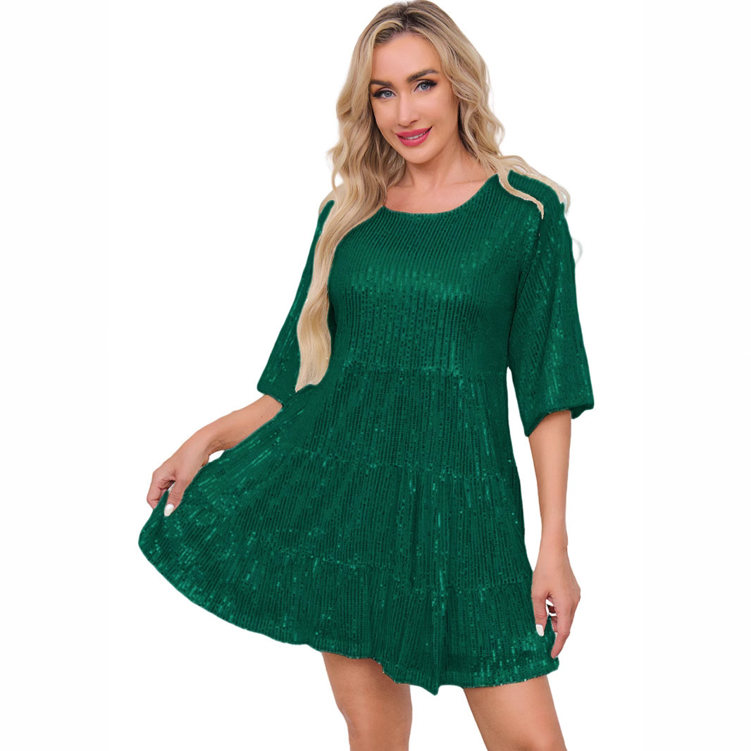 European And American Cross-Border Trade New Hot-Selling Fashion Solid Color Loose Waist Sleeve Short Sequin Party Dress_ecoleips.com