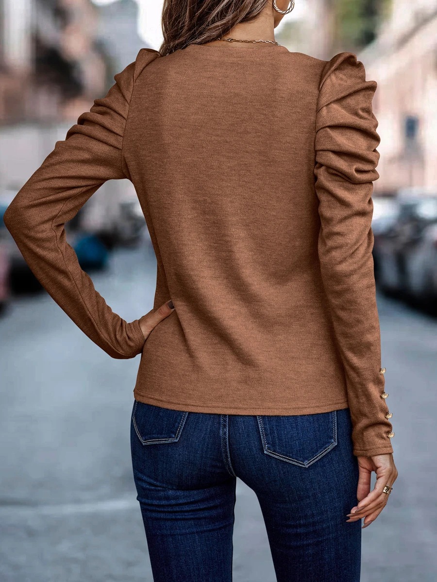 Women's Gender Button Design Casual Style Wholesale Women's Casual Solid Color Long Sleeve Button T-Shirts