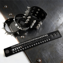 欧美跨境新款朋克风尖铆钉夸张手环非主流多层男士皮革手腕带手链