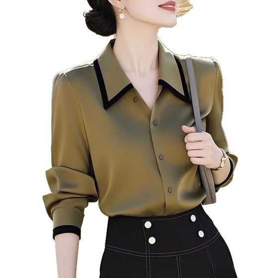 Foreign Trade Fashion High-end Sense Beautiful Olive Green Lapel Long Sleeve Shirt Women's Spring and Autumn Commuter Professional Stacked Shirt