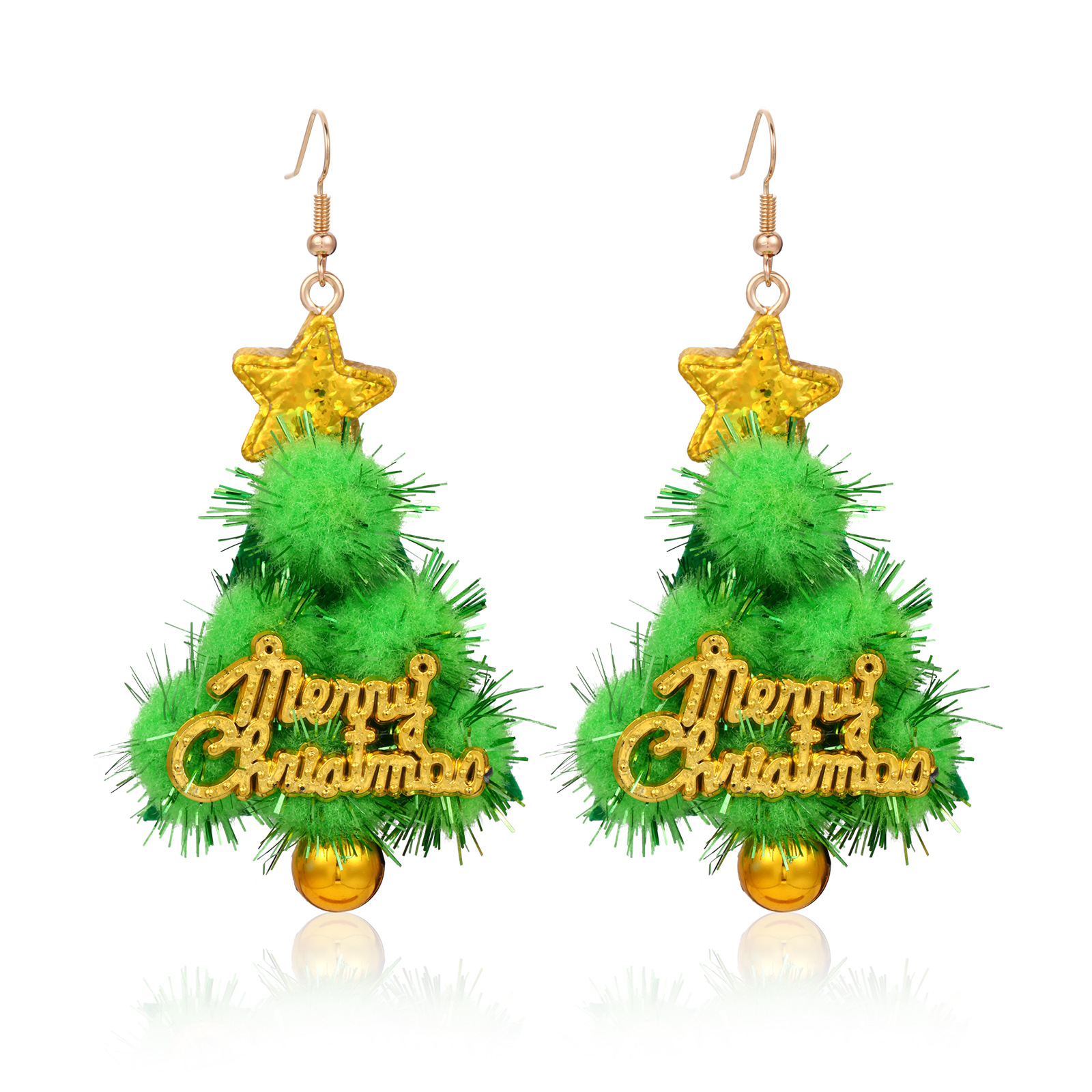 13. Green fur ball Christmas tree earrings