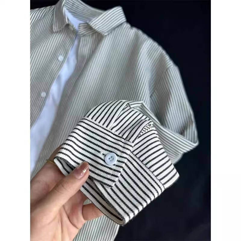 Spring and Autumn Black and White Vertical Striped Long Sleeve Shirt Men's American Retro Bottoming Shirt Design Couple Cardigan Jacket