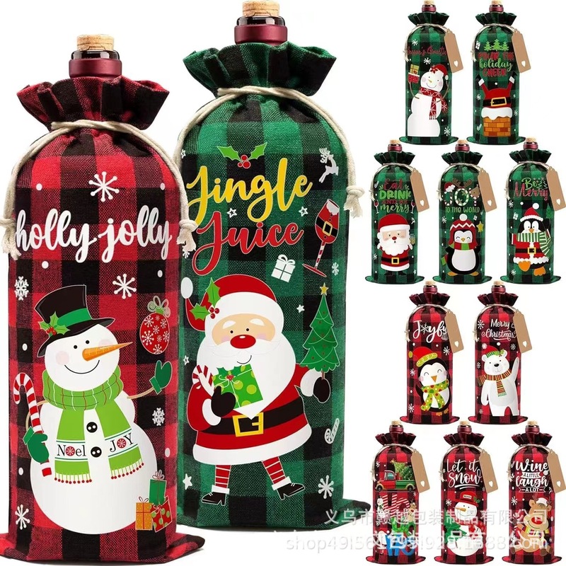 クリスマスの格子のワインの束のポケットのセットのシャンパンの綿の麻の布のロープを引いて贈り物のプレゼントの袋を包装して卸売りします。|undefined