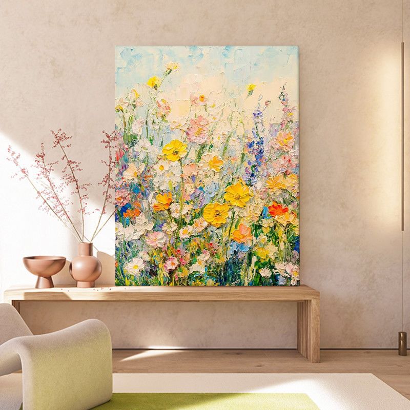 Cream Style Plant and Flower Hand-Painted Oil Painting, Blooming Rich Texture, Living Room Decoration Painting, Entrance Hanging Painting, Restaurant Mural