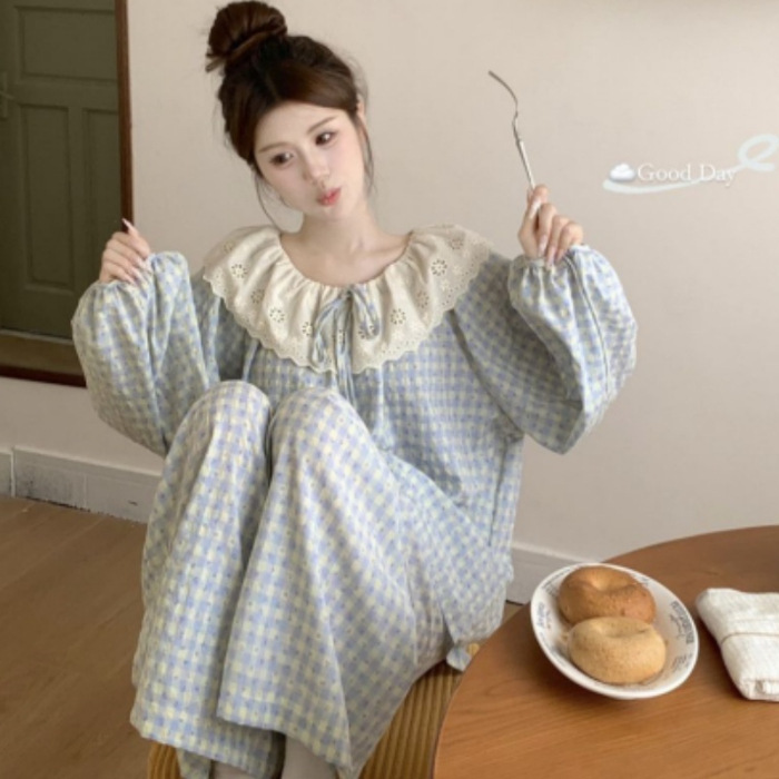 ソースファクトリー人気の春と秋の甘くてかわいいクラウドコットン長袖レースパジャマ女子学生ホームウェアセット|undefined