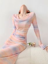 天鹅颈姐姐网纱印花荡领连衣裙女气质撞色修身收腰显瘦度假长裙潮