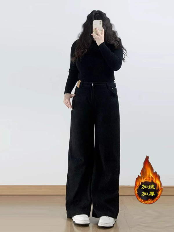 梨形身材美式直筒牛仔裤女春季新款大码胖高腰遮胯宽松阔腿长裤|undefined