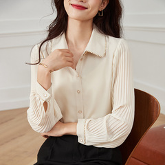 2024年の新型甘美減齢児童襟シャツ女性デザイン感小大衆通勤オルガンしわ長袖上着