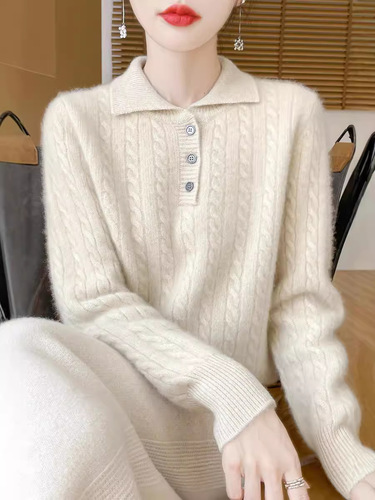 Autumn and winter 100 cardigan women's POLO collar twisted knitted base shirt loose pullover square collar sweater fine wool